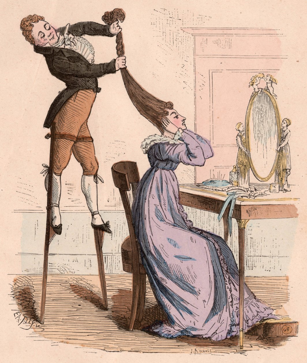 Um, homem, palafitas, ajudando, um, mulher, torcer, dela, cabelo, vigorosamente, (color, engraving) de Unknown
