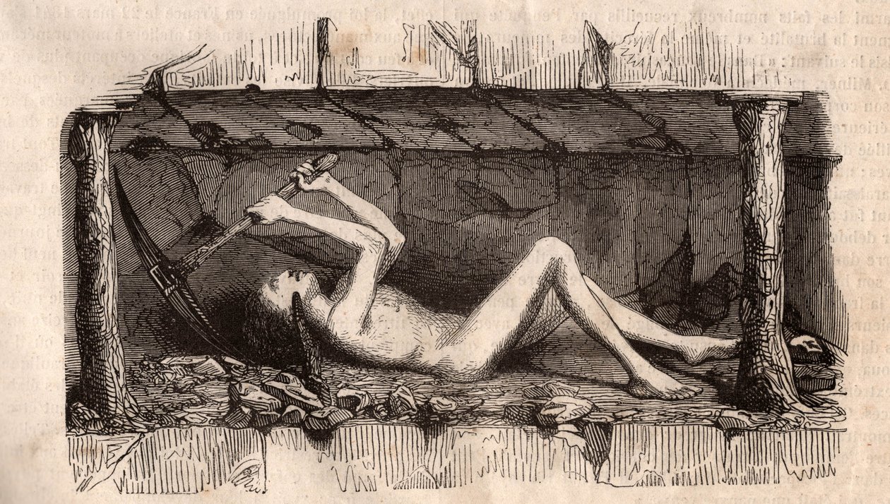 Um jovem deitado no chão e apanhando o teto do túnel em uma mina de carvão inglesa (emgraving) de Unknown