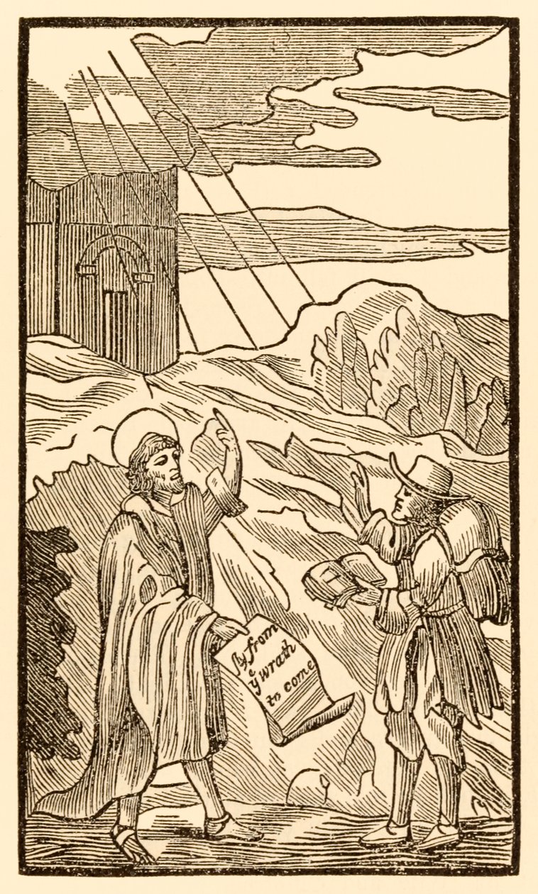 Cristão não deixa o mundo mas se encontra com o evangelista dos peregrinos que progride deste mundo para o que está por vir John Bunyan (1628-1688) de Unknown