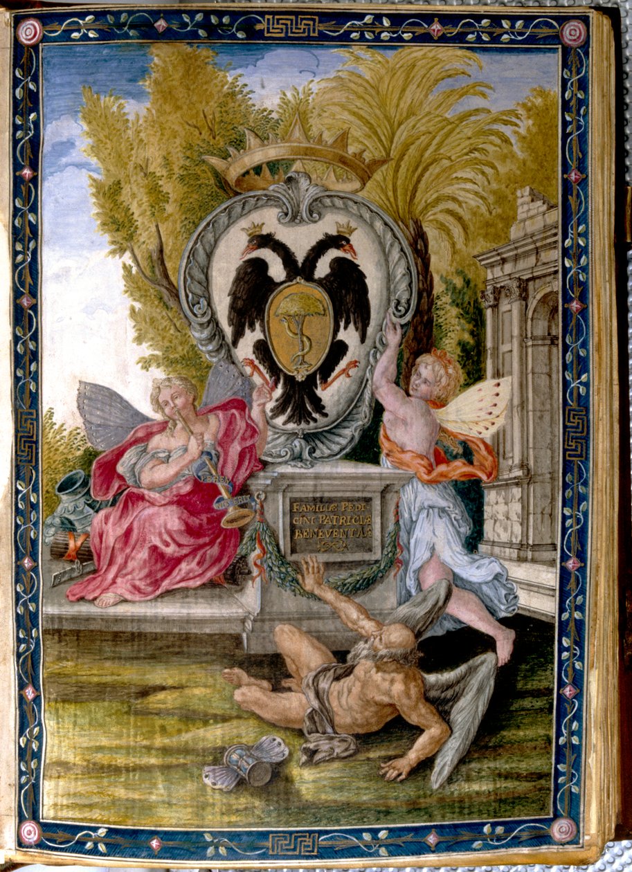 Crista de uma família nobre de Benevento, o Pedicini: página iluminada do Missal conhecido como o Dragone, alojado na Biblioteca Capitolare em Benevento de Unknown