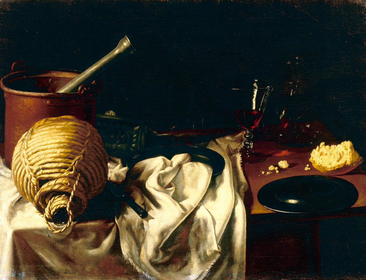 Mesa com argamassa e frasco virados por um pintor anônimo de Unknown