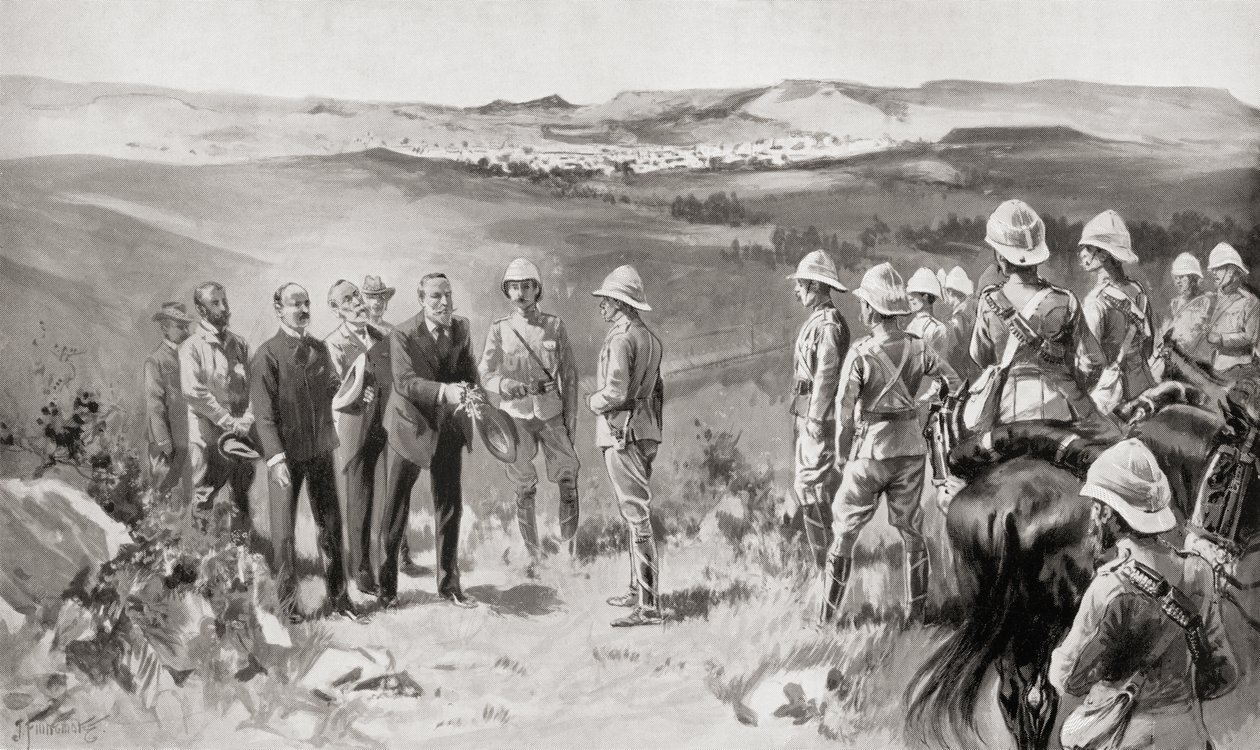 A rendição formal de Bloefontein a Lord Roberts por Mr, Pappenfus, Mr, Kellner e Mr, Collins em 14 de março de 1900, do livro África do Sul e a Guerra do Transvaal por Louis Creswicke, pub. 1900 de Unknown
