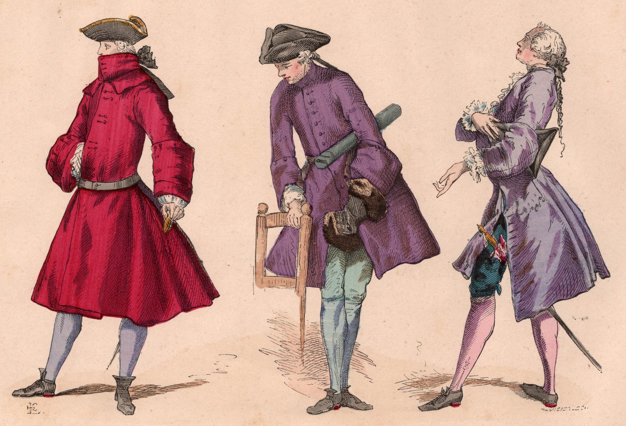 Três homens em trajes do século XVIII, com sobrecasacas e chapéus tricórnios, incluindo um vestido burguês e vestido de cerimônia (gravura a cores) de Unknown