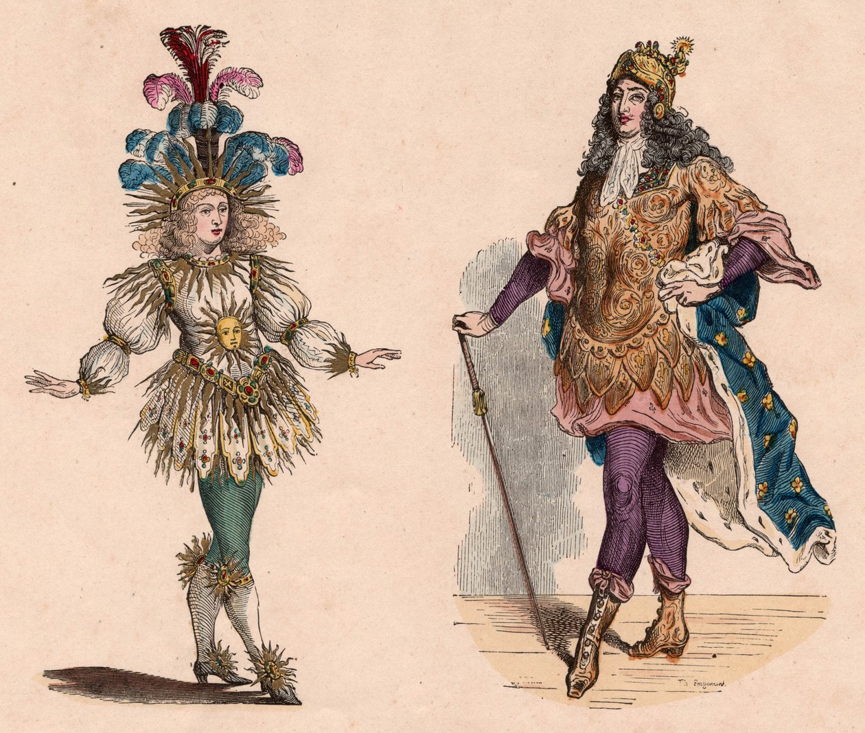 Duas visões de Louis XIV em ternos: uma para o teatro evocando o sol com penas de avestruz, uma para o carrossel, com armaduras e lírios de Unknown