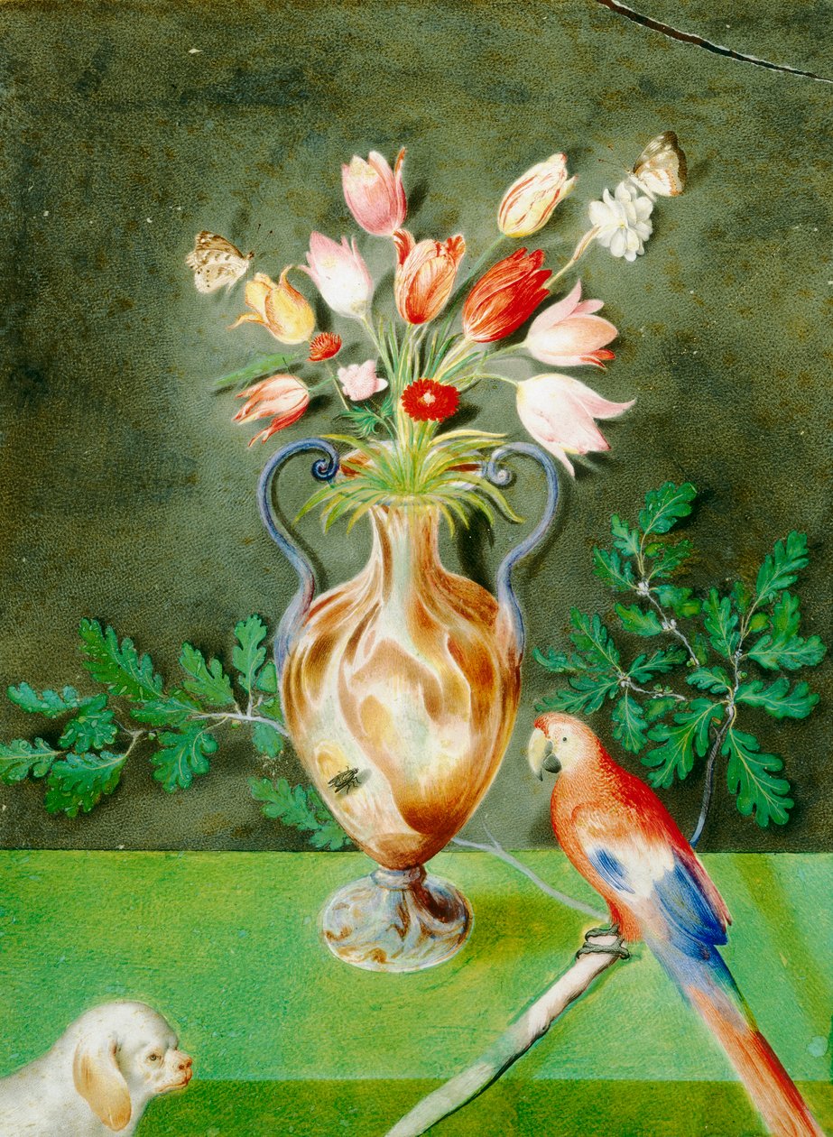 Vaso de flores, papagaio e cachorrinho, c.1600-25 de Unknown