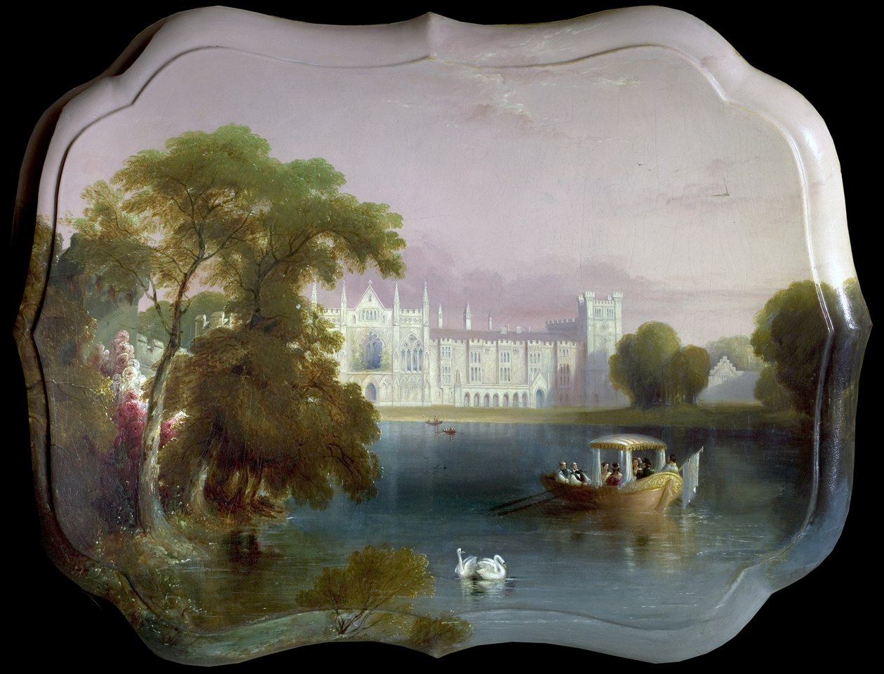 Vista oeste da abadia de Newstead, Nottinghamshire, incluindo uma festa de barco no lago superior (óleo em papel machê) de Unknown
