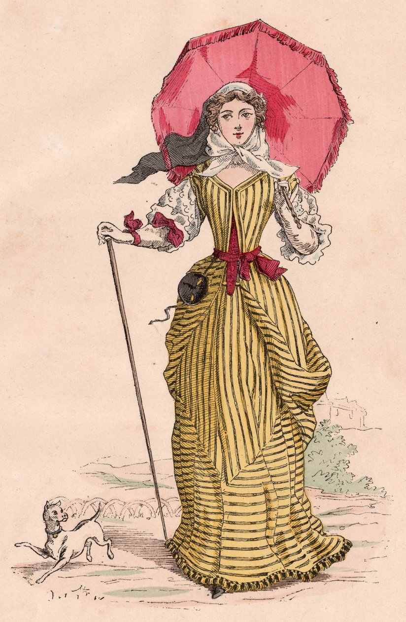 Jovem, francês, mulher, com, elegante, traje, de, XVII, século, (color, engraving) de Unknown