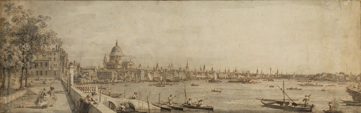 O Tamisa e a cidade de Londres a partir do Terraço da Somerset House (caneta e tinta marrom com lavagem cinza no papel) de Giovanni Antonio Canal