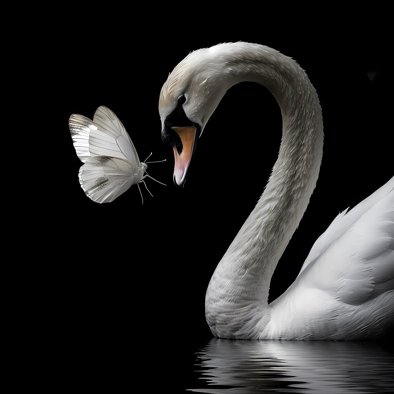 Um belo cisne e uma borboleta branca a beijarem-se num fundo preto, Impressões murais de F. Abderrahim