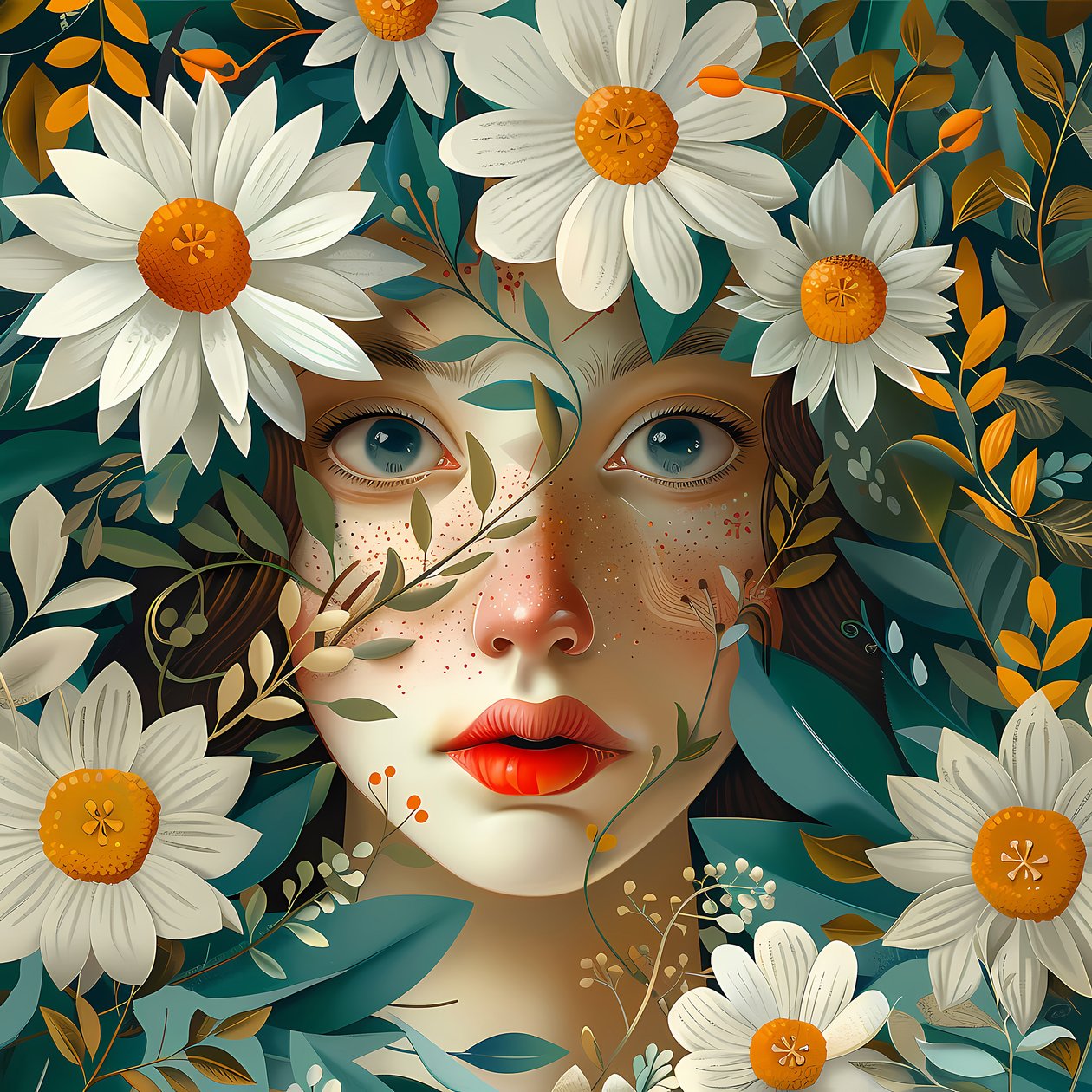 Rosto de mulher bonita rodeado de flores de papoila, decoração de parede, impressões de arte emolduradas de F. Abderrahim