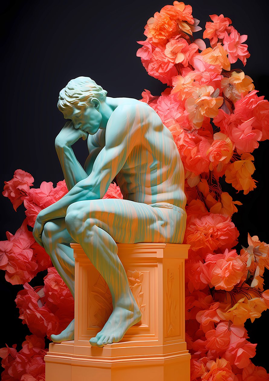 A estátua do pensador em decoupage floral, Posters em Tela, Impressões murais online de F. Abderrahim