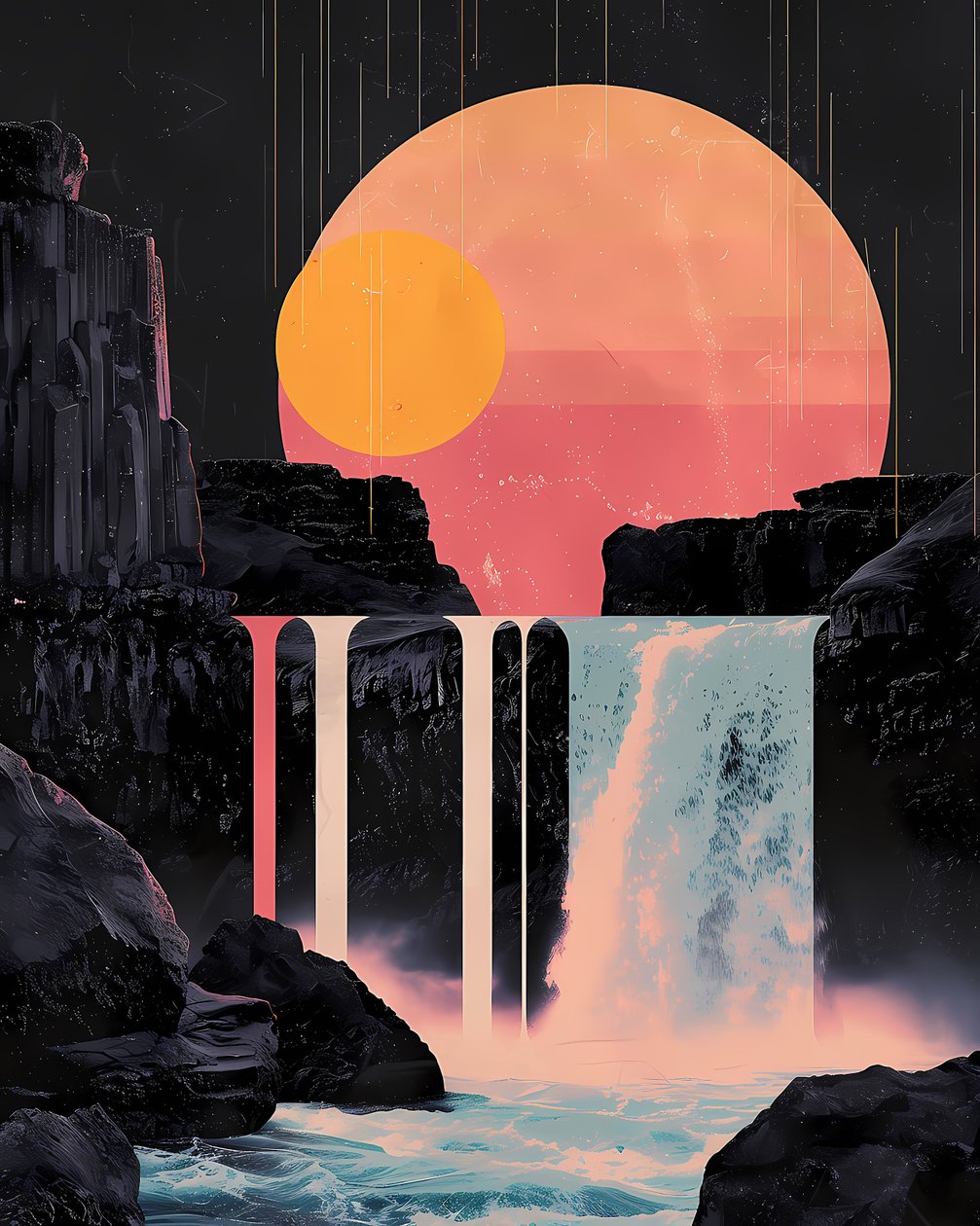 Cascata minimalista num pôr do sol vermelho, posters emoldurados, impressões de arte em tela online de F. Abderrahim