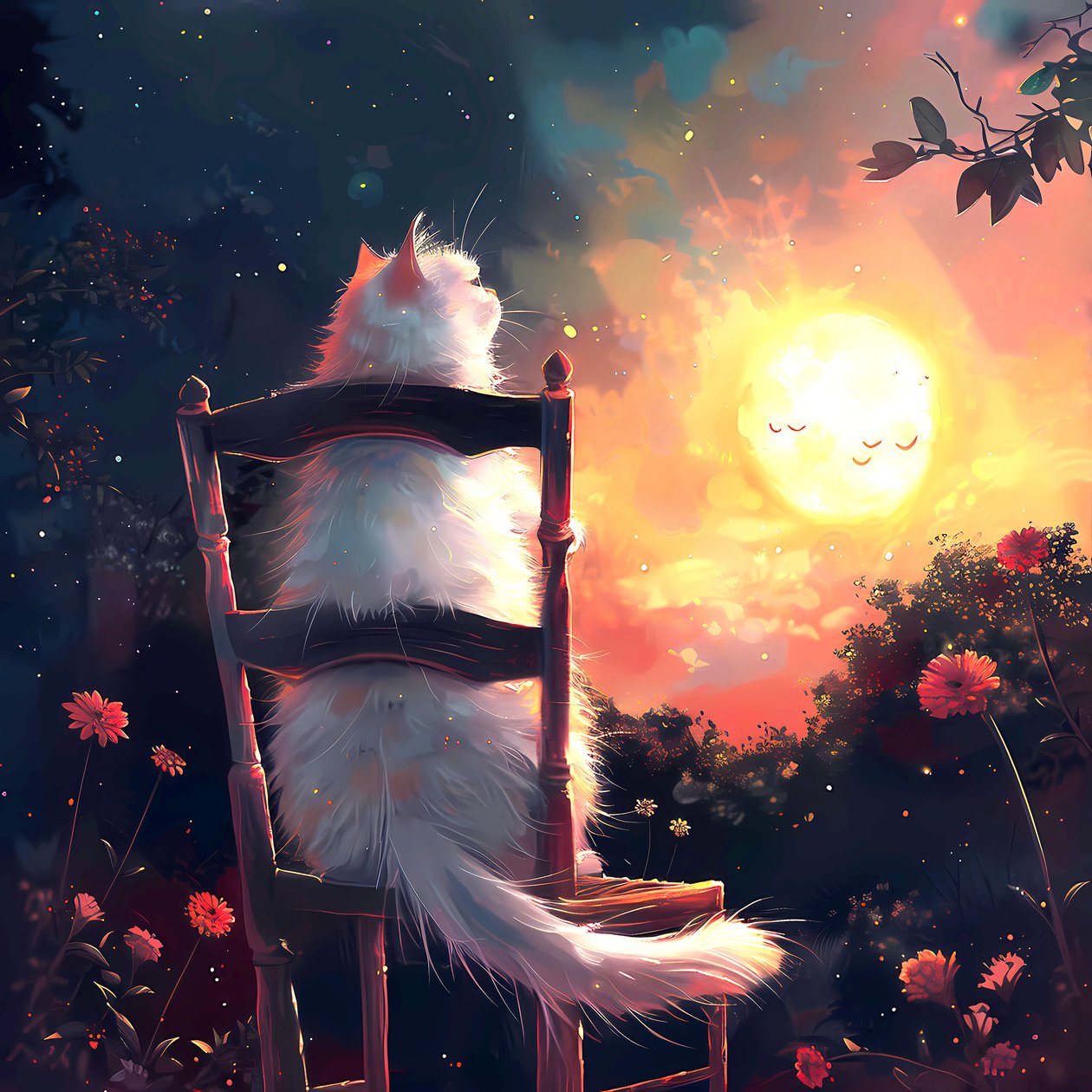 Um gato branco senta-se numa velha cadeira de madeira e olha para a lua, impressões de arte de parede de F. Abderrahim