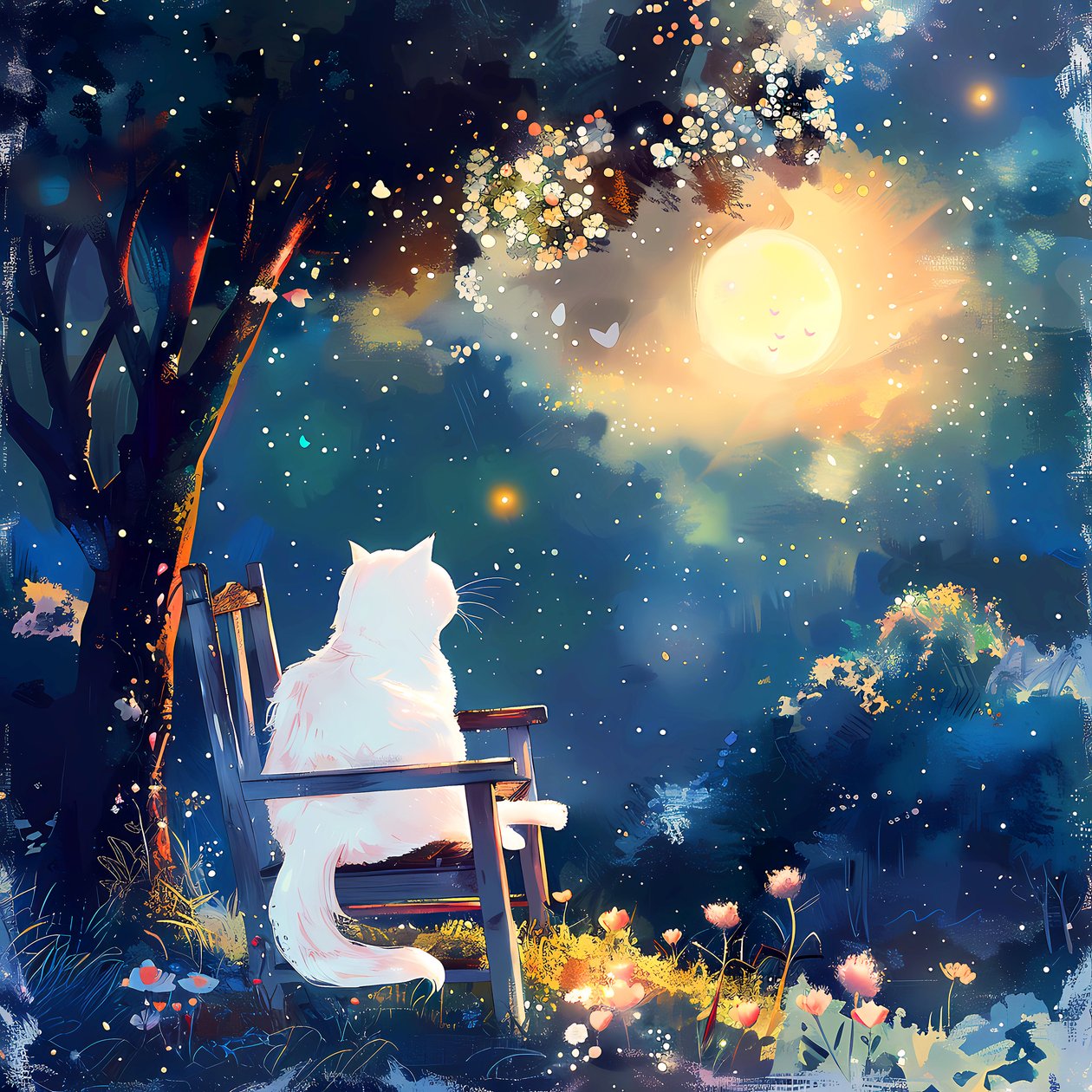 Um gato branco senta-se numa velha cadeira de madeira à noite, ao luar, decoração de quarto de parede de F. Abderrahim