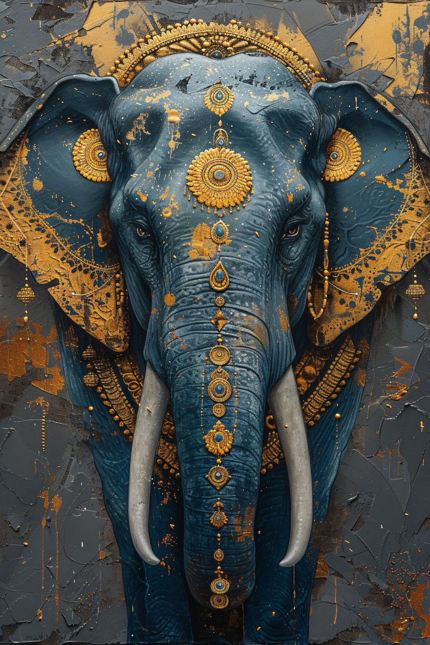 Pintura abstrata majestosa azul elefante indiano para parede moderna arte imprime decoração de F. Abderrahim