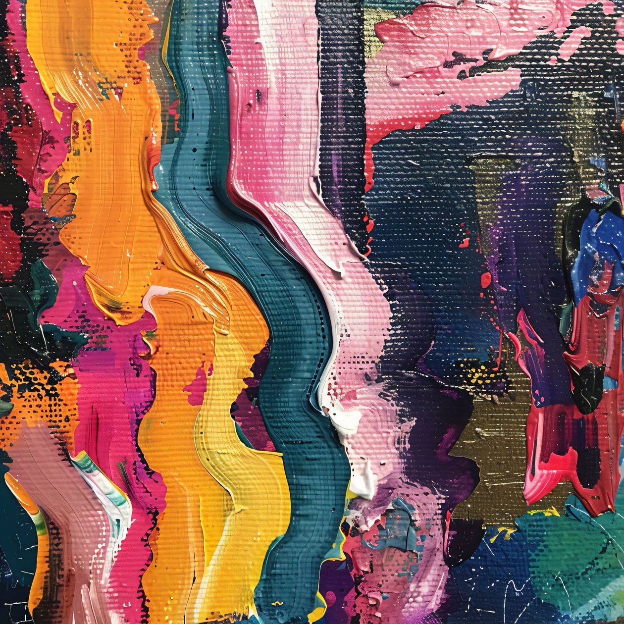 Cores vivas e dinâmicas de tinta crílica com pinceladas de tinta a óleo sobre tela de F. Abderrahim
