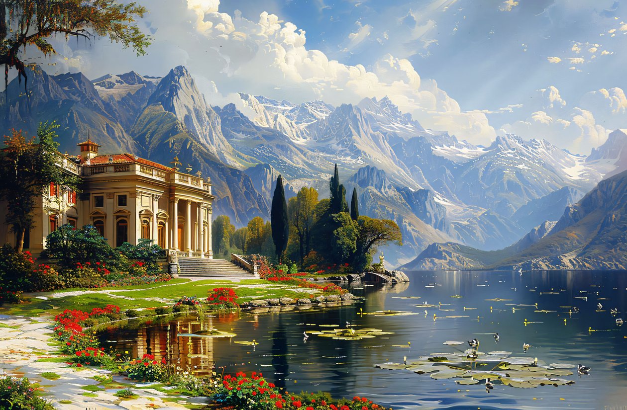 Pintura de paisagem urbana: vila e lago ao estilo da Grécia Antiga para decoração de parede de F. Abderrahim