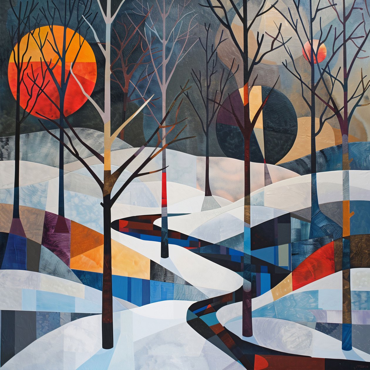 Paisagem de árvores e inverno, forma geométrica abstrata para impressões de arte de parede de F. Abderrahim