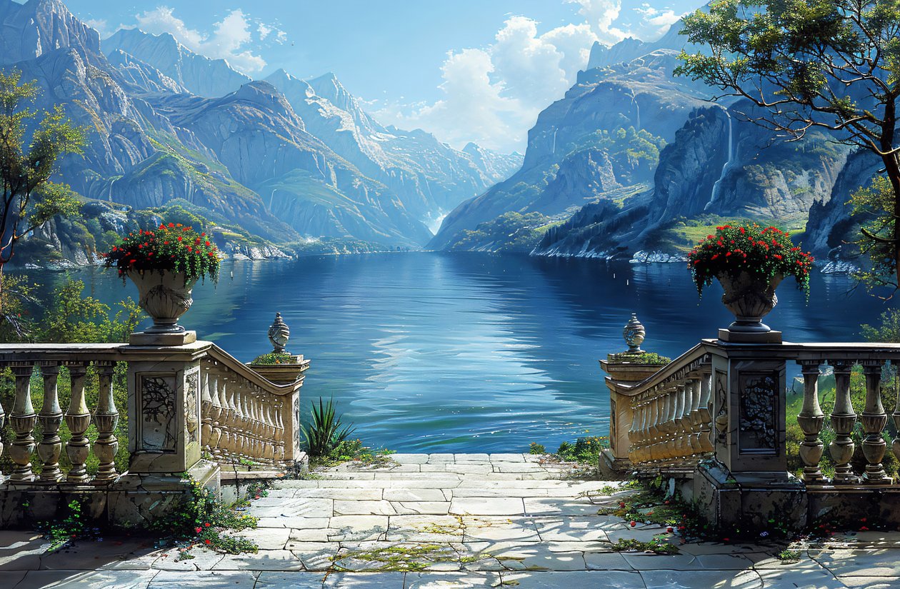 Revelações de arte de parede : Vista de um lago e paisagem natural a partir de uma varanda de F. Abderrahim
