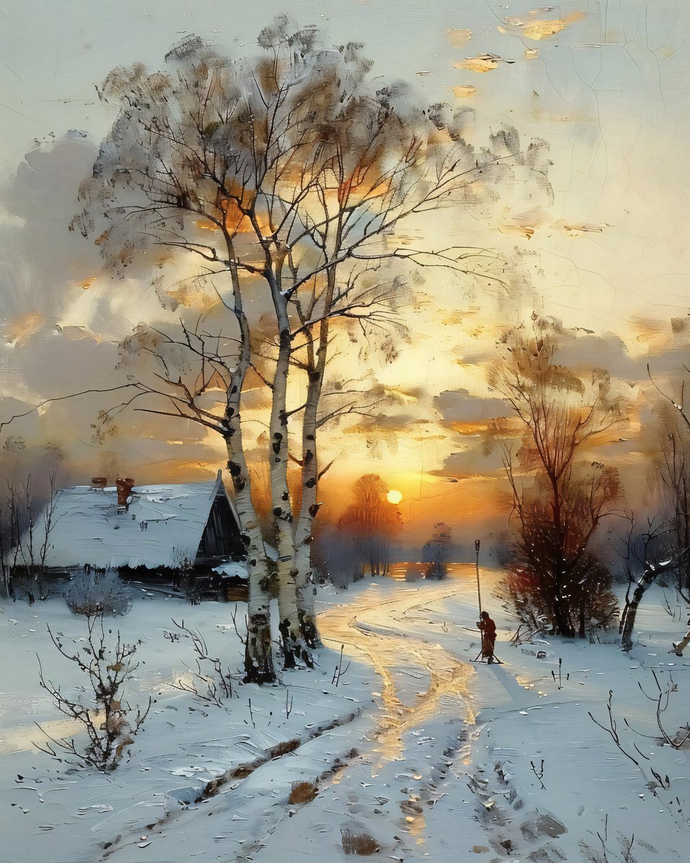 Uma casa no campo ao pôr do sol no inverno, no meio da neve, impressões de arte em tela de F. Abderrahim