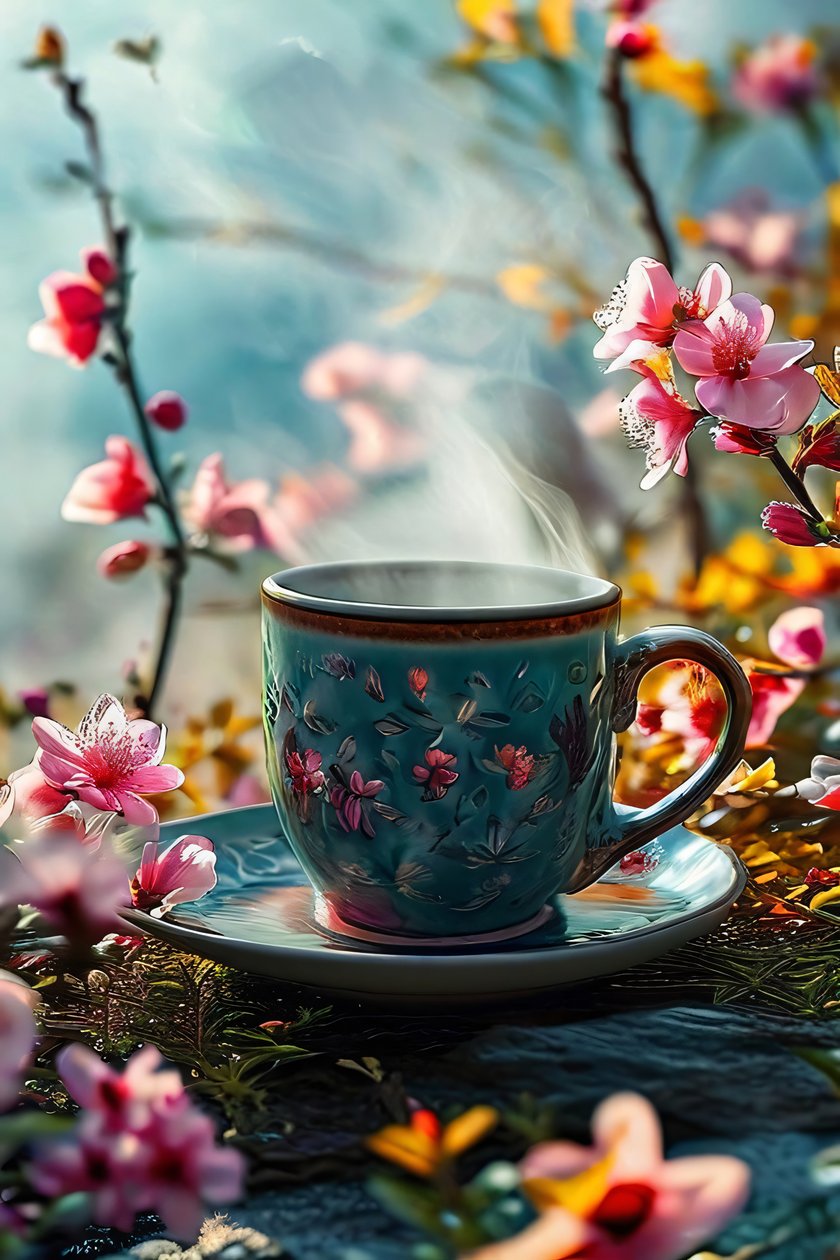 Uma chávena de café surrealista forrada com flores para uma decoração moderna de arte de parede de F. Abderrahim