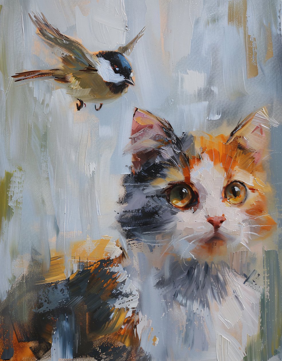 Pintura a óleo abstrata: impressões de arte de parede de gato calico laranja e cinzento e pássaro de F. Abderrahim