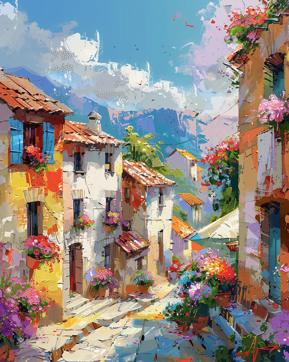 Pintura abstrata: casas coloridas numa decoração de arte de parede de uma cidade antiga e tradicional de F. Abderrahim