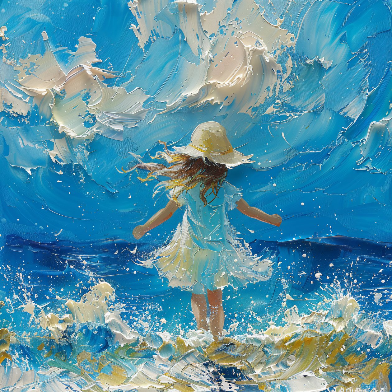Pintura abstrata: menina bonita em frente a uma brisa do mar para impressões em tela de F. Abderrahim