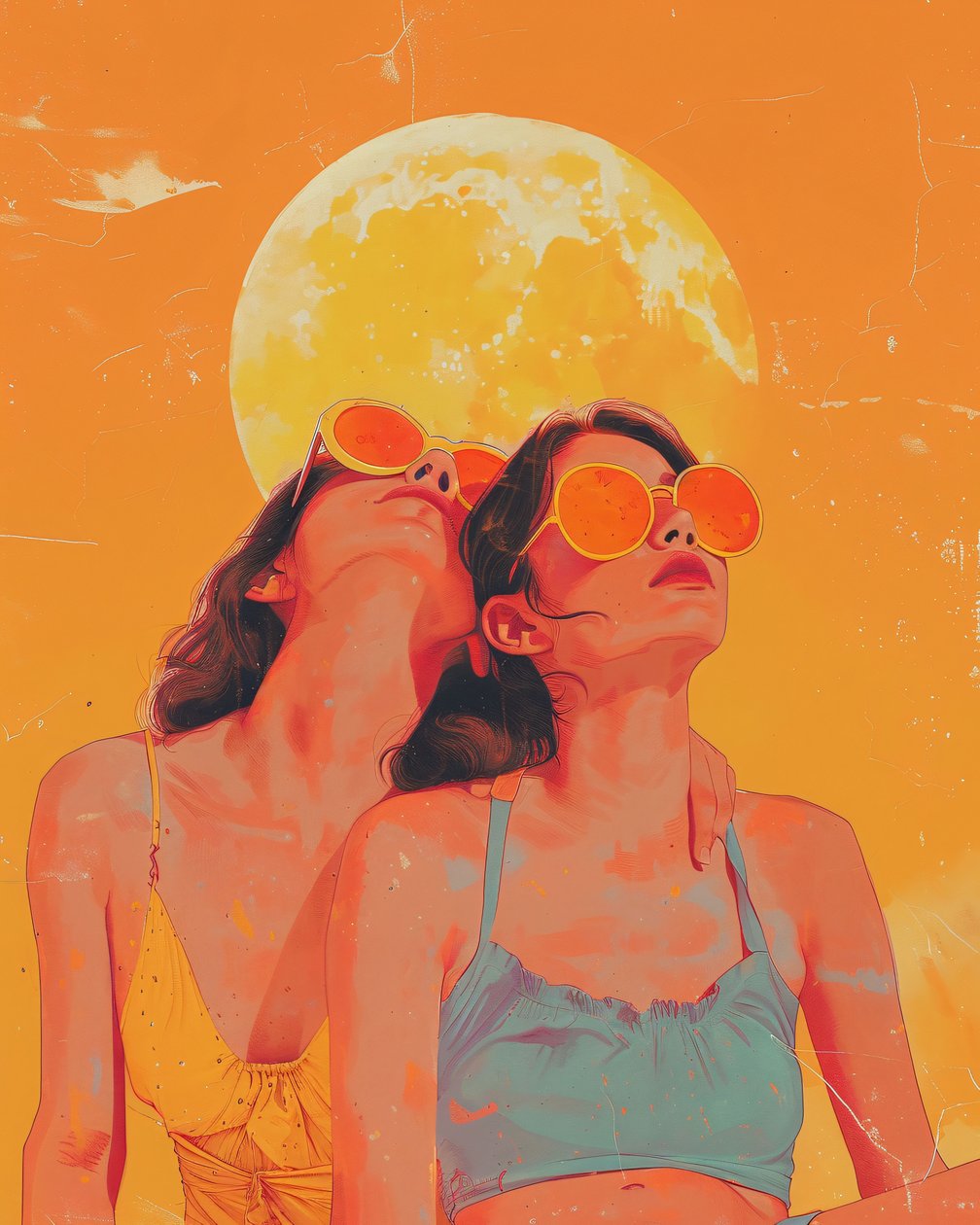 Retrato abstrato: duas mulheres com óculos de sol e pôr do sol atrás de impressões de arte de parede de F. Abderrahim