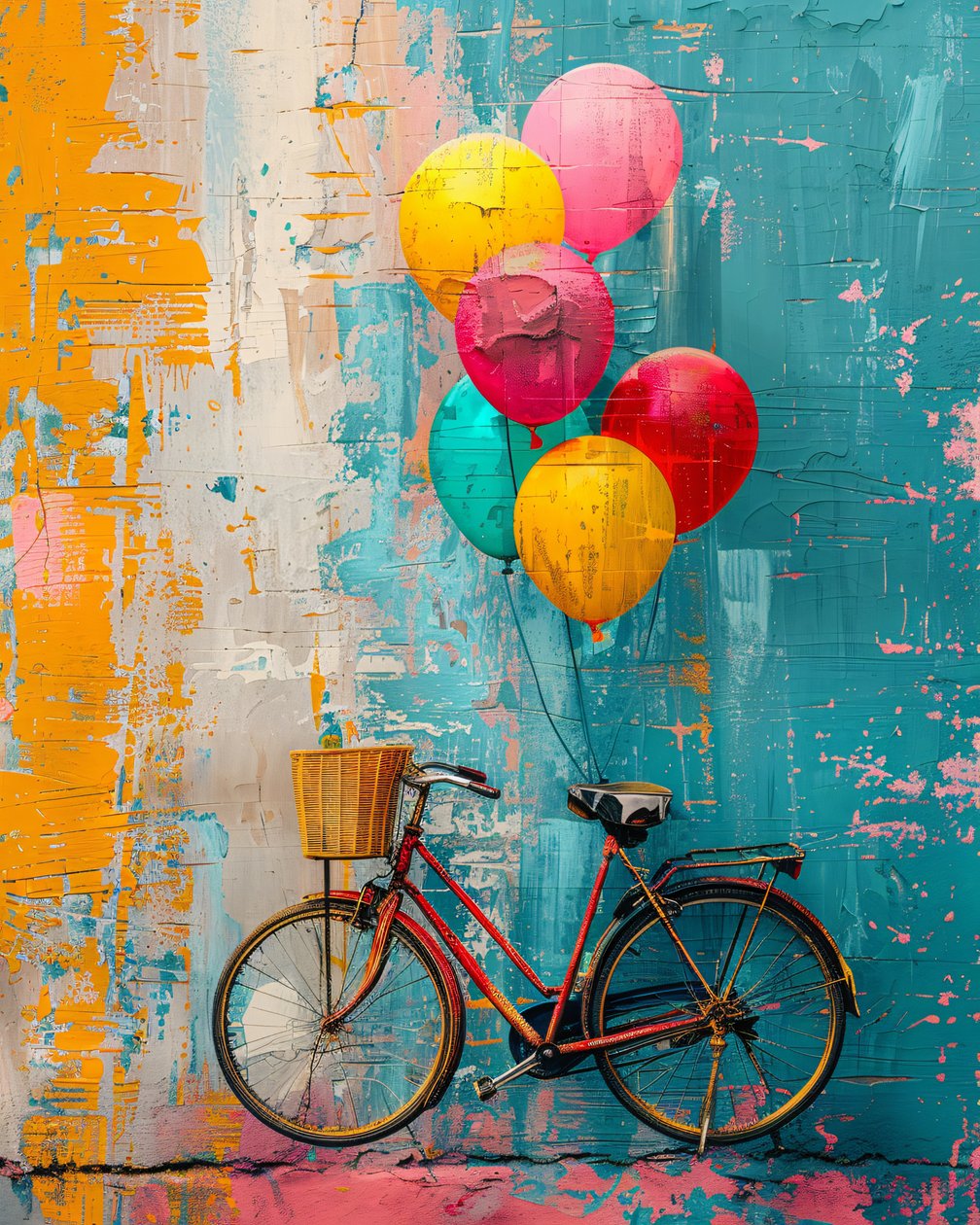 Pintura primitiva abstrata Bicicleta a subir com balões decoração da parede do quarto de F. Abderrahim
