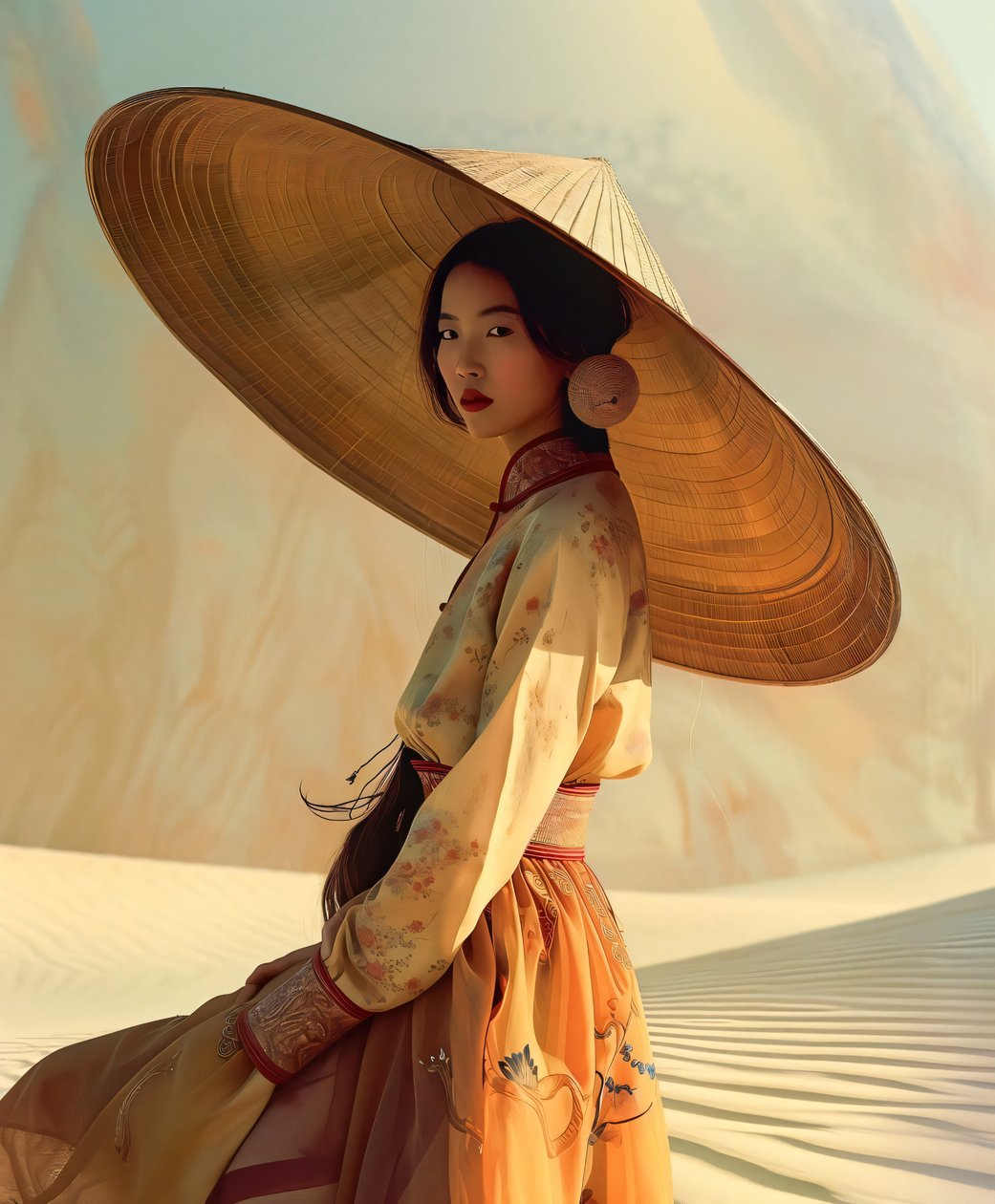 Mulher chinesa num quimono amarelo num deserto | Impressões de arte mural de figuras asiáticas de F. Abderrahim