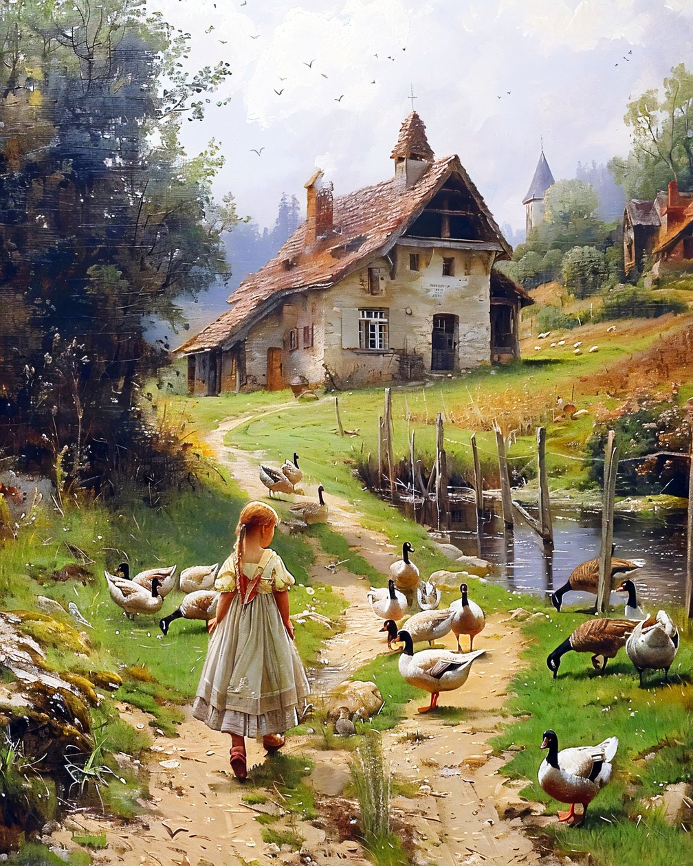Rapariga e aves domésticas numa paisagem europeia antiga Impressões artísticas estilo Berkshire Homestead de F. Abderrahim