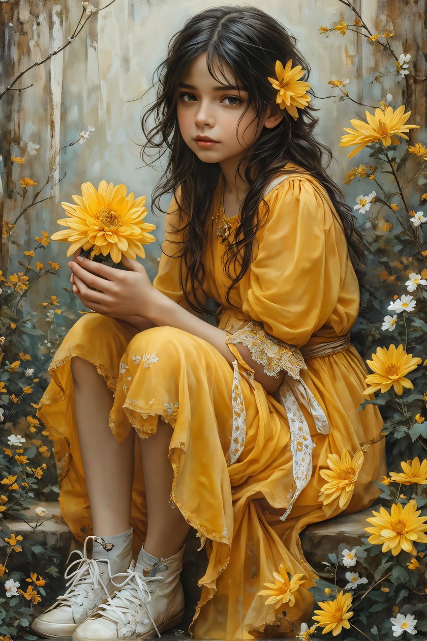 inocente Rapariga bonita segurando flores numa paisagem natureza  beleza impressões de arte de F. Abderrahim