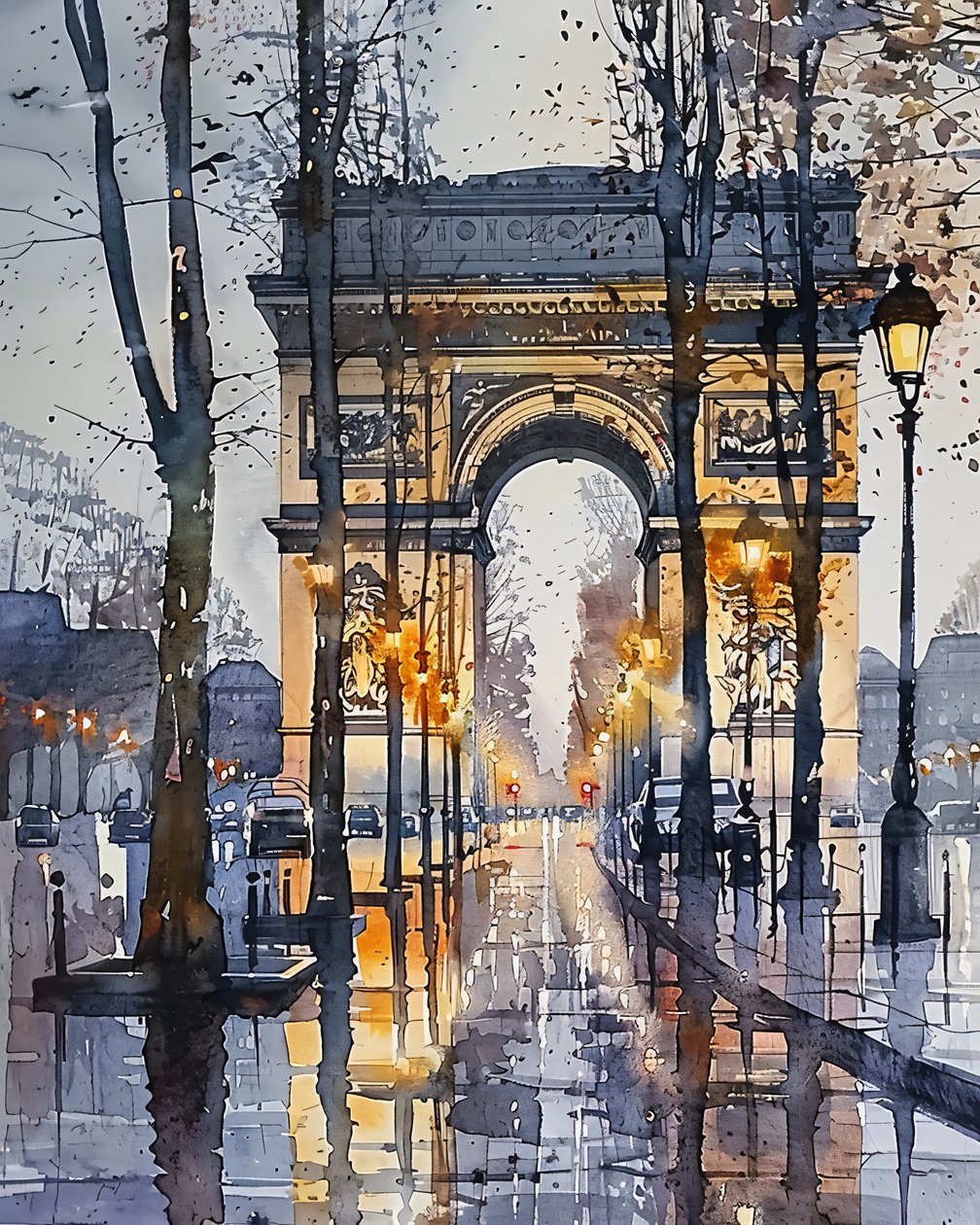 Pintura a aguarela: Champs Elysées Paris França no inverno | impressões murais de F. Abderrahim