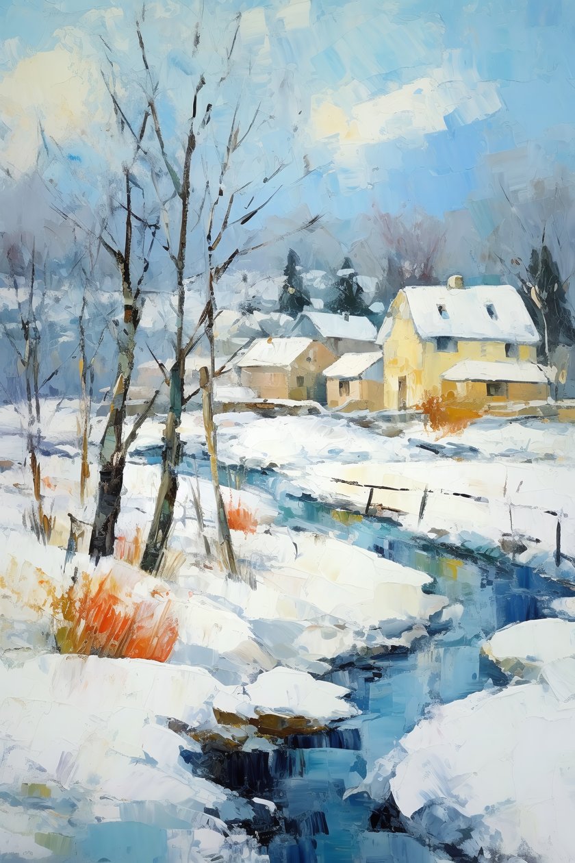 Aldeia em paisagem de neve pintura a óleo | Impressões de arte de parede da natureza de F. Abderrahim