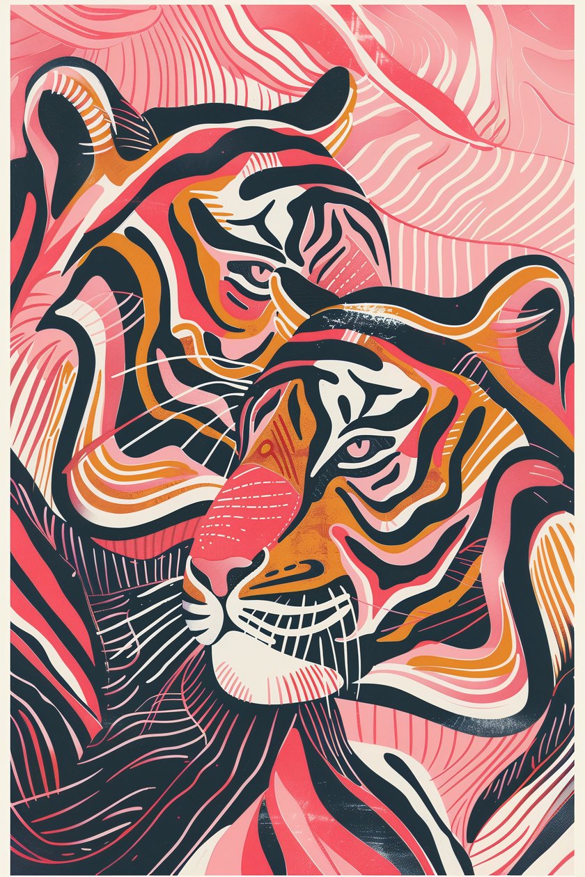 Uma ilustração de tigres cor-de-rosa, vermelhos e cor de laranja | impressões de arte emolduradas online de F. Abderrahim