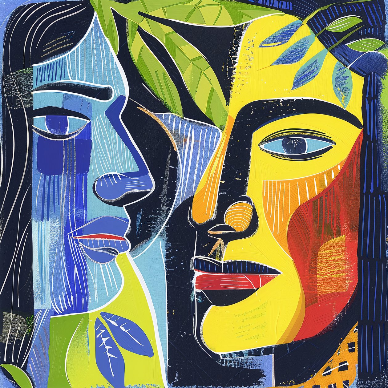 Pintura abstrata minimalista rostos de dois homens | decoração de parede da sala de estar de F. Abderrahim