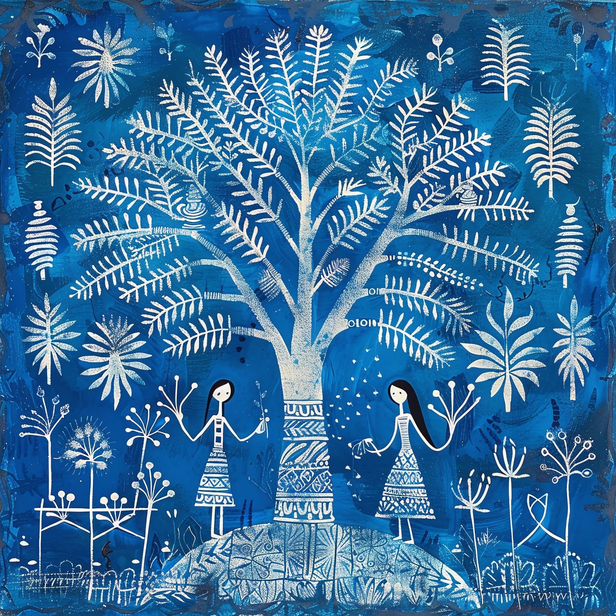 Pintura com padrão ingénuo: mulheres debaixo de uma árvore em azul | decoração de parede de F. Abderrahim