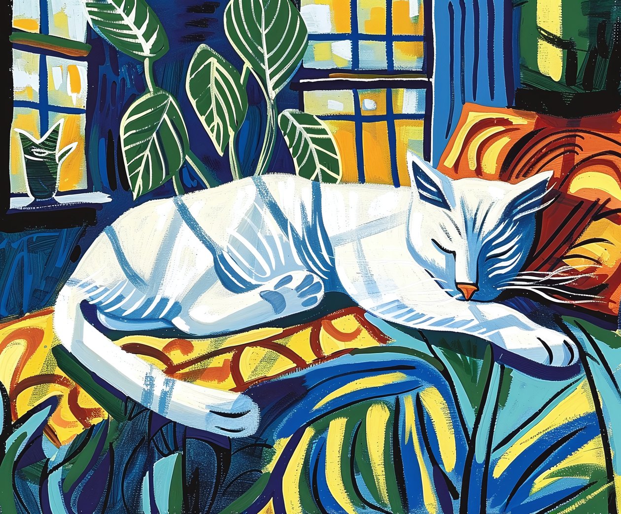 Gato branco a dormir à luz do sol Matisse | decoração de parede, impressões artísticas de F. Abderrahim