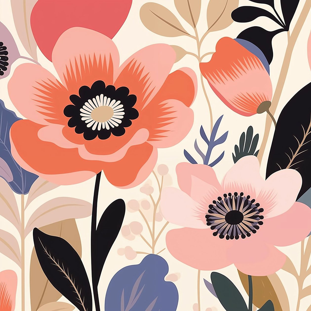 Ilustração botânica flores em tons pastel, estilo matisse | impressões de arte mural de F. Abderrahim