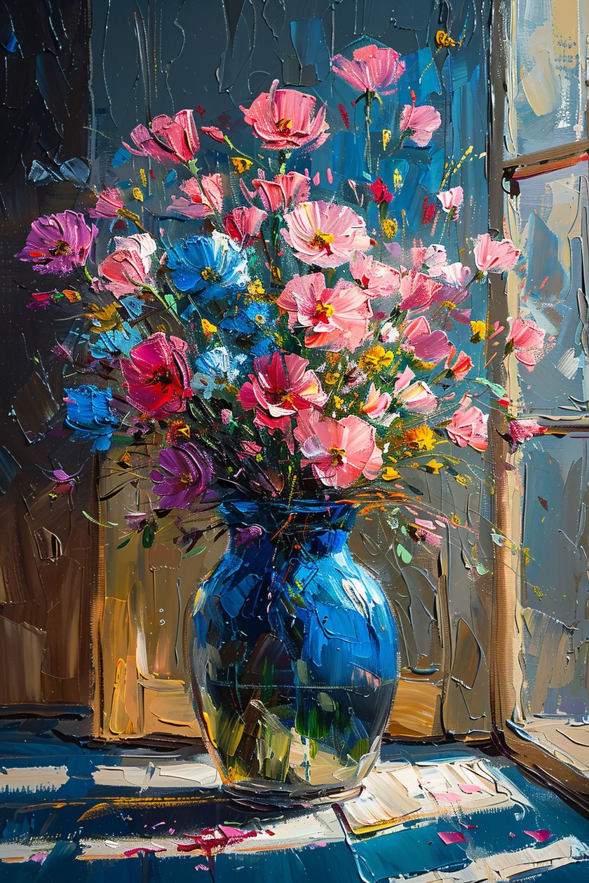 Pintura a óleo de um ramo de flores cor-de-rosa e azuis desarrumadas, decoração de parede com moldura de F. Abderrahim