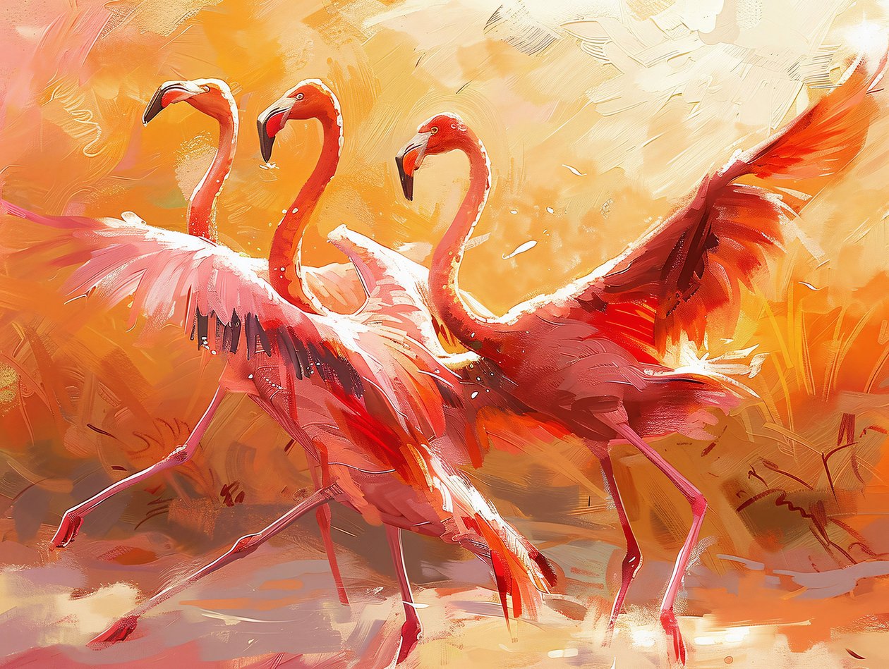 Pintura abstrata de flamingos a dançar, impressões em tela e decoração de parede de F. Abderrahim