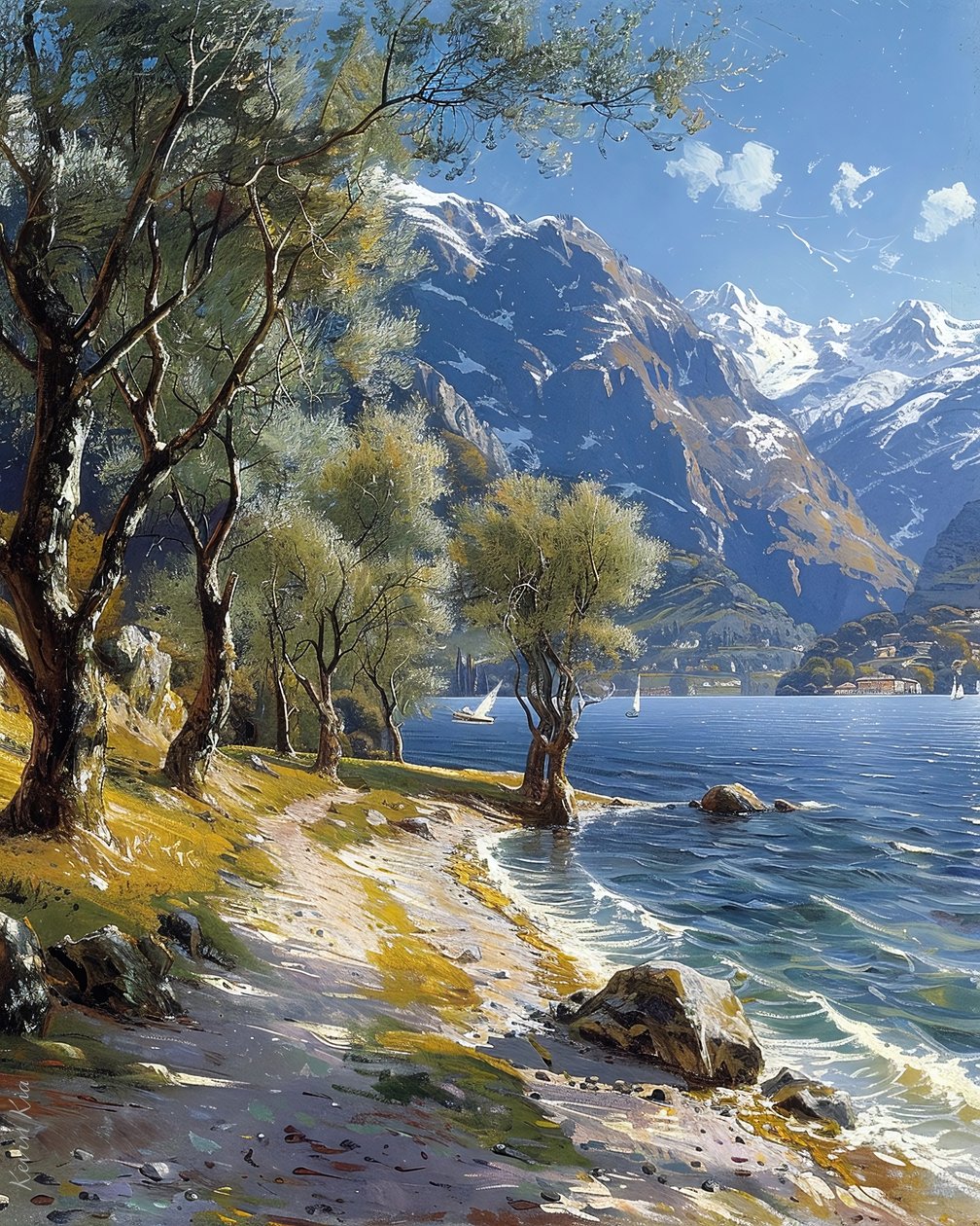 Paisagem de montanha e floresta com um lago tranquilo, impressões de arte online de F. Abderrahim