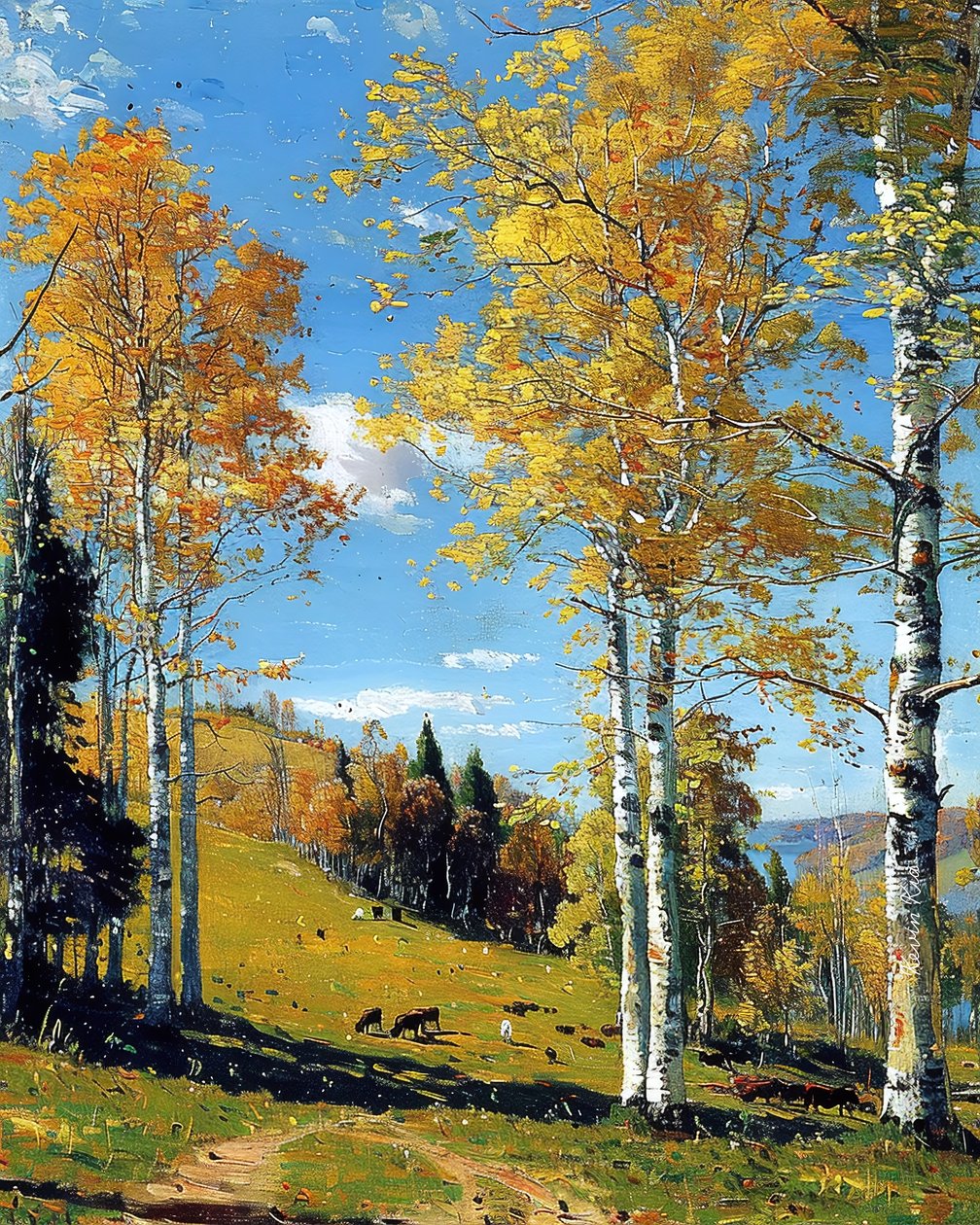 Paisagem com um bosque de bétulas e folhagem vibrante, decoração de parede para qualquer divisão de F. Abderrahim