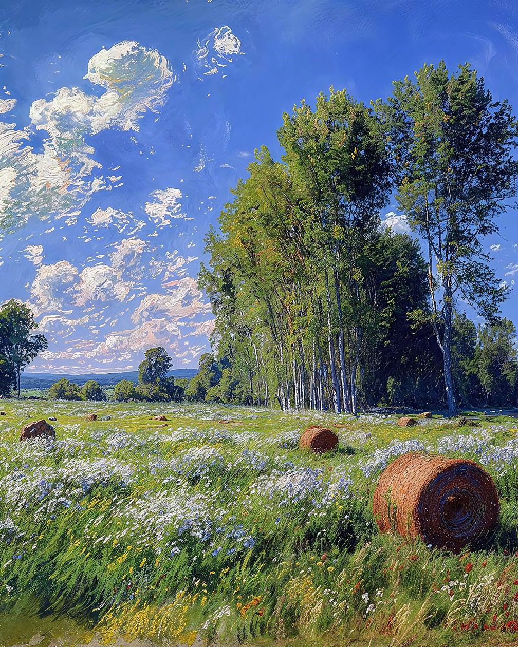 Campo de trigo e flores na paisagem primaveril, decoração de parede e impressões em tela de F. Abderrahim