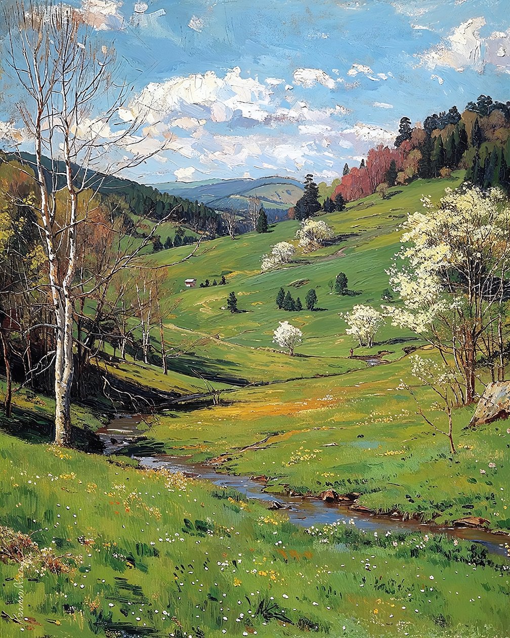 belas paisagens, planaltos verdes na primavera, Decoração de parede que vai adorar de F. Abderrahim