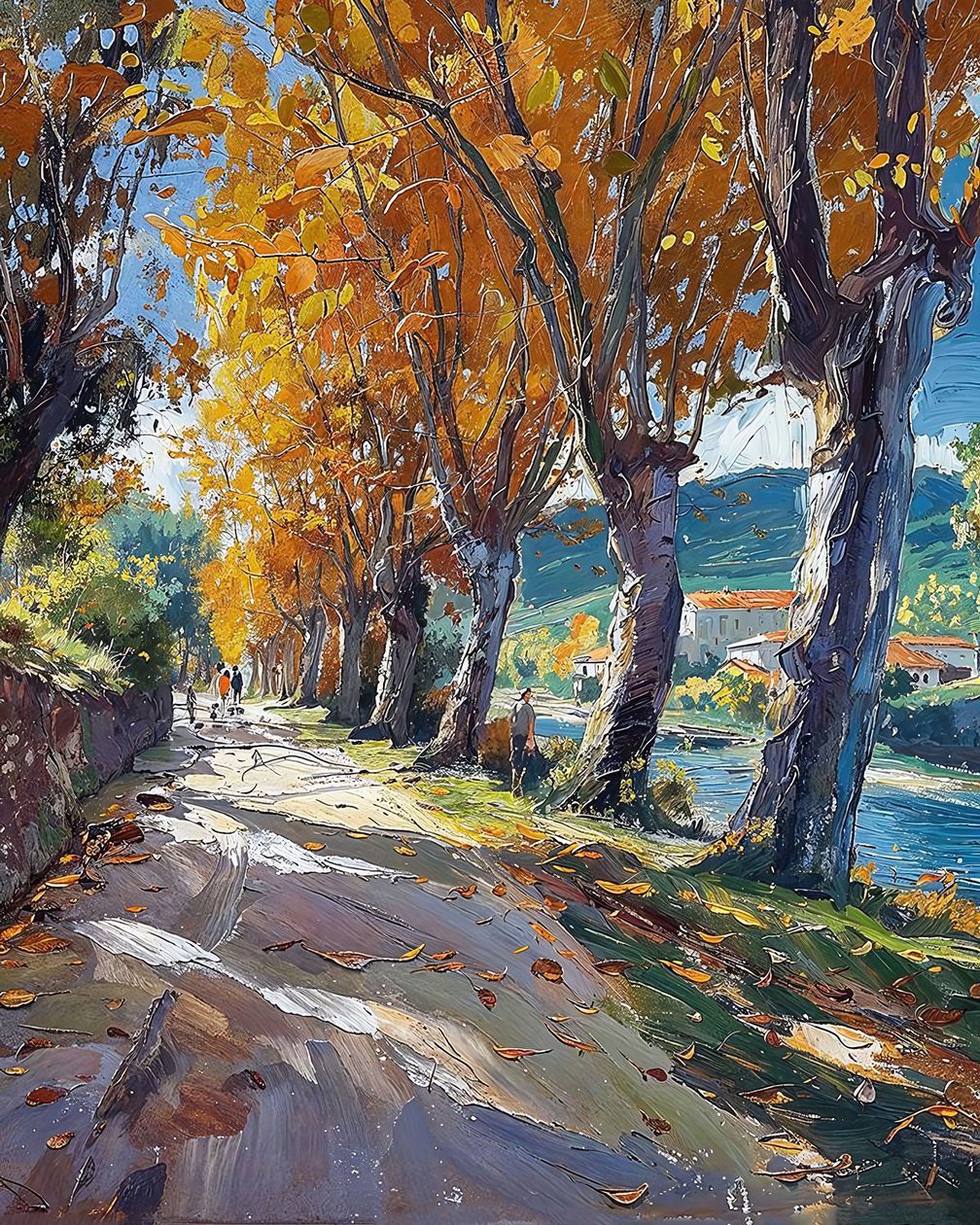 Caminho rural através da floresta, paisagem impressionista de F. Abderrahim