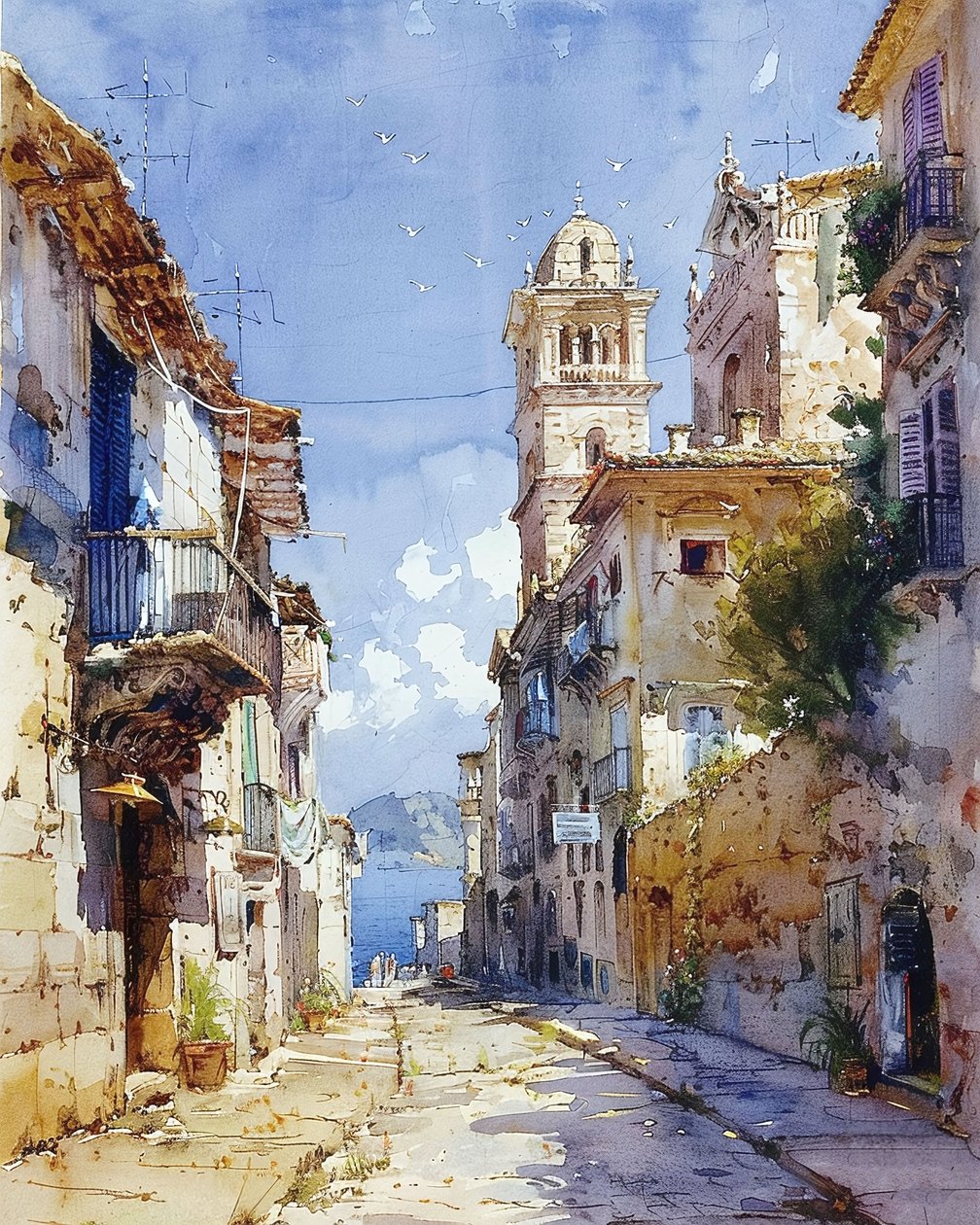 Casas brancas em aguarela com vista para o Mar Mediterrâneo, decoração de parede moderna de F. Abderrahim