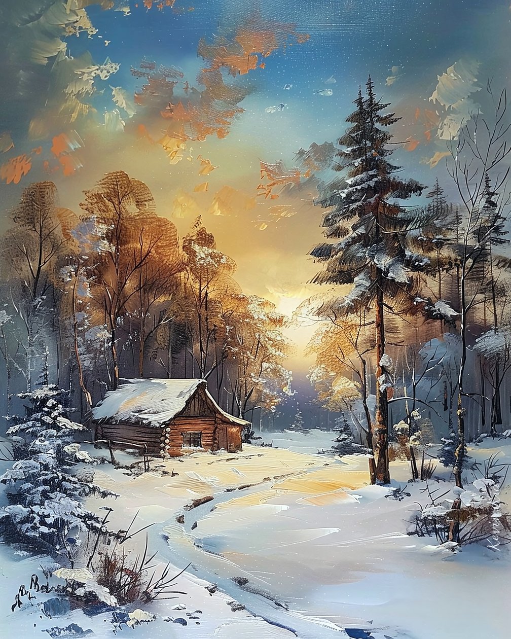 Cabana no meio de uma floresta e neve, paisagem de inverno, ideias para decoração de paredes de F. Abderrahim