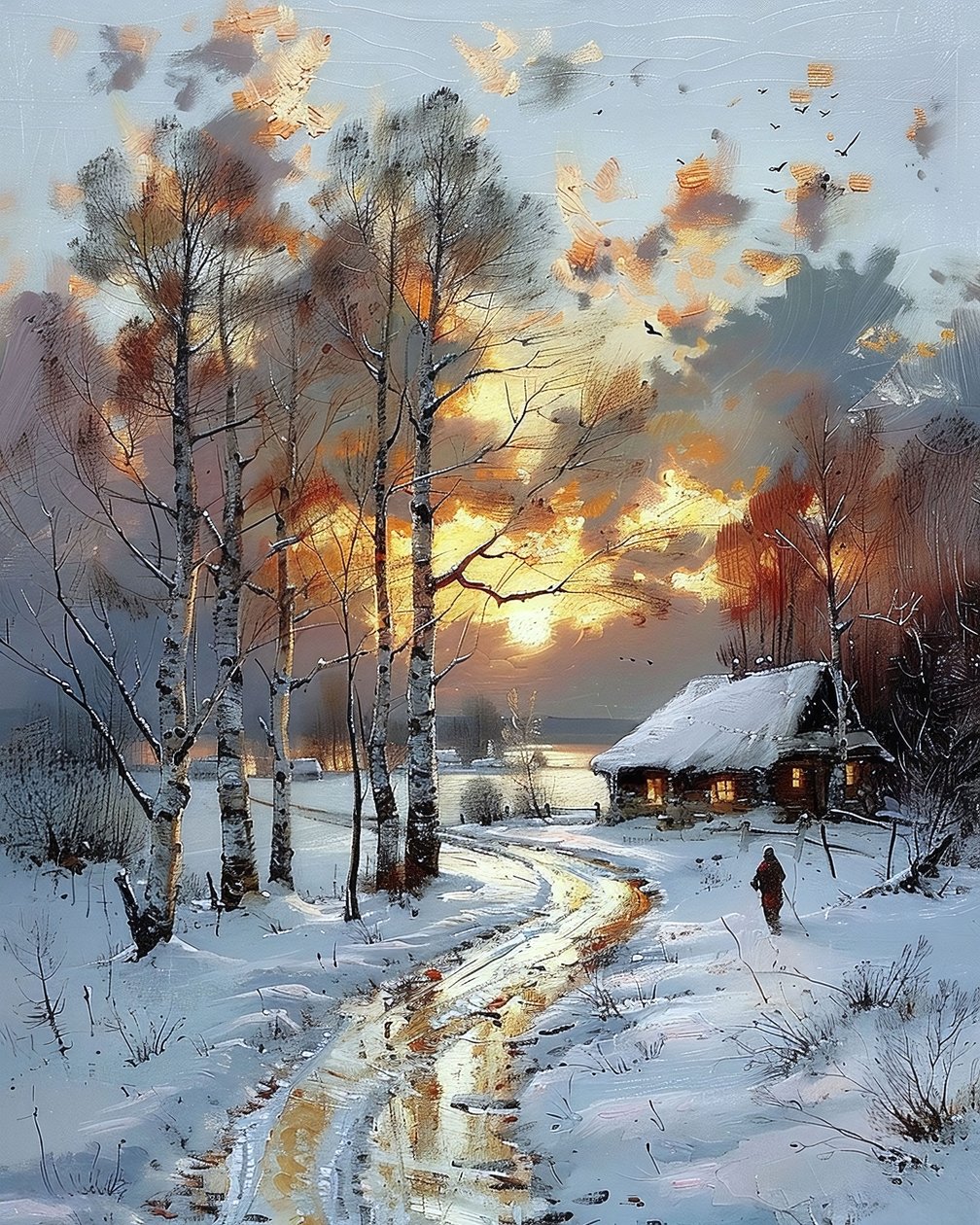Pôr do sol numa paisagem natural junto a uma cabana de madeira num dia de neve de F. Abderrahim